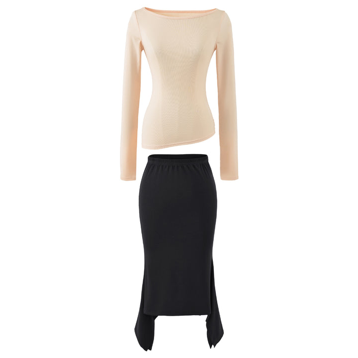 Women's Two-Piece Set with Fitted Long Sleeve Top and Maxi Skirt with Slit Amarae