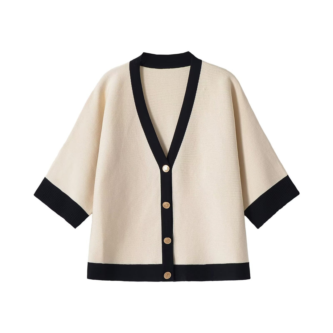 Ladies Short Sleeve Knit Cape Cardigan with Contrast Trim Amarae