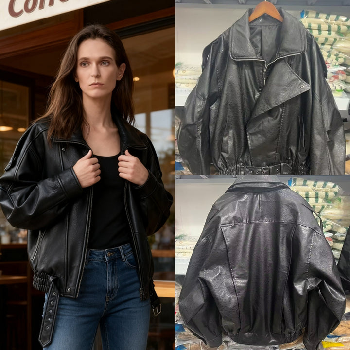 Lune London Women's Fashion Synthetic Leather Jacket with Asymmetrical Cut and Decorative Belt