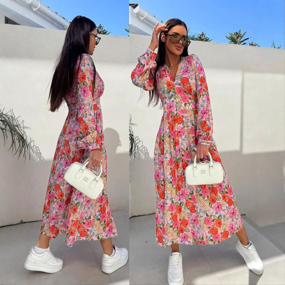 Elegant maxi dresses for women with floral patterns and button details Lune London