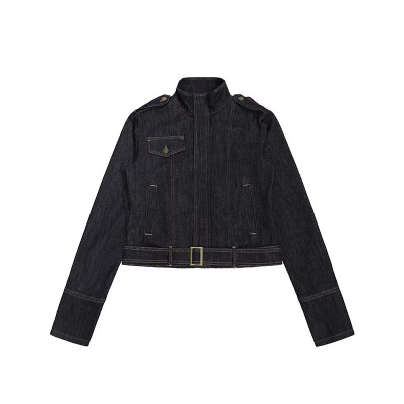 Women's tailored denim jacket with high stand-up collar, waist belt and shoulder patches Amarae