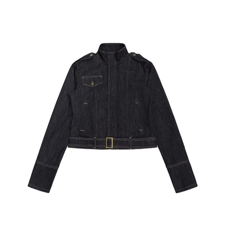 Women's tailored denim jacket with high stand-up collar, waist belt and shoulder patches Amarae