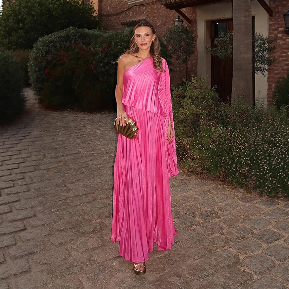 Women One-Shoulder Pleated Maxi Dress with Draped Top and Flowing Ruffle Skirt Amarae