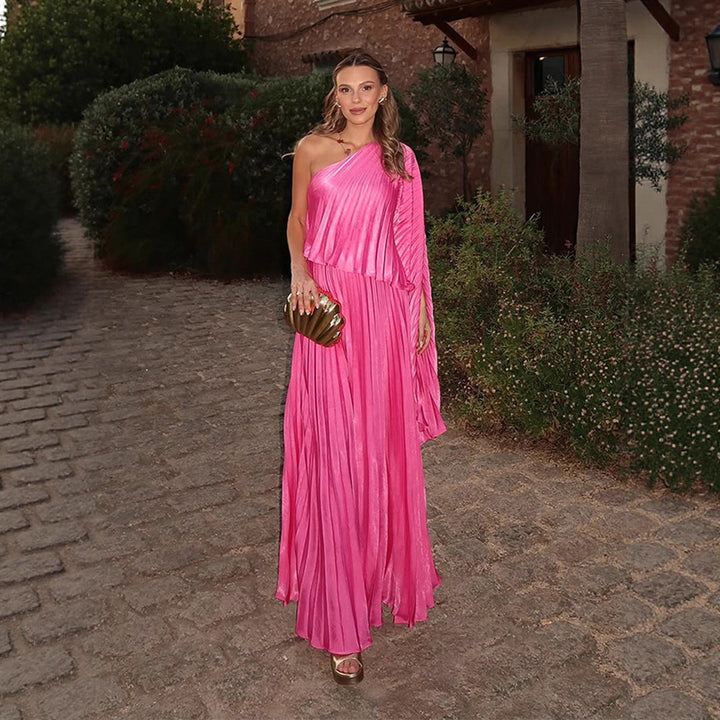 Women One-Shoulder Pleated Maxi Dress with Draped Top and Flowing Ruffle Skirt Amarae