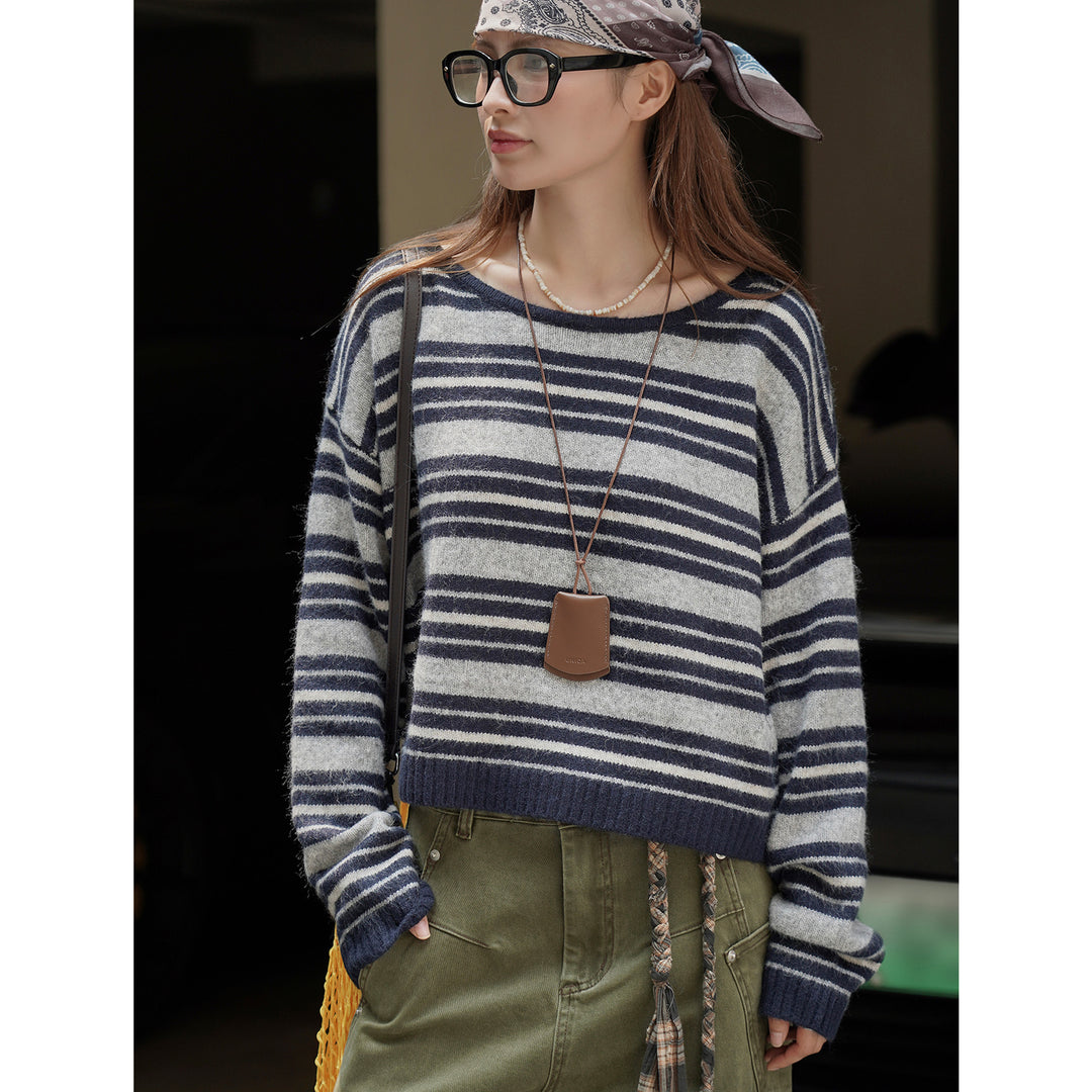 Ladies Soft Oversize Stripe Sweater with Boat Neck and Fluffy Look Amarae