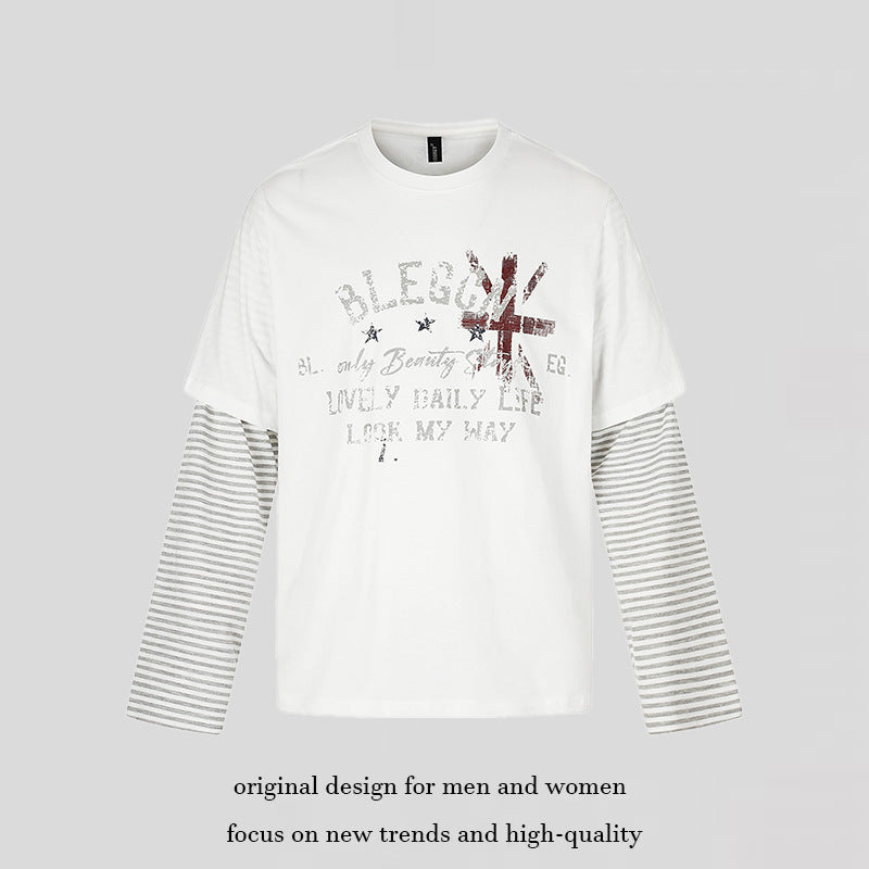 Women's Layered Long Sleeve Shirt with Striped Insert Sleeves and Vintage Print Amarae