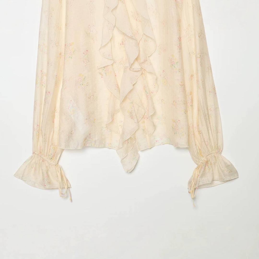 Women's chiffon blouse with ruffle front, tie cuffs and gathered sleeves Amarae