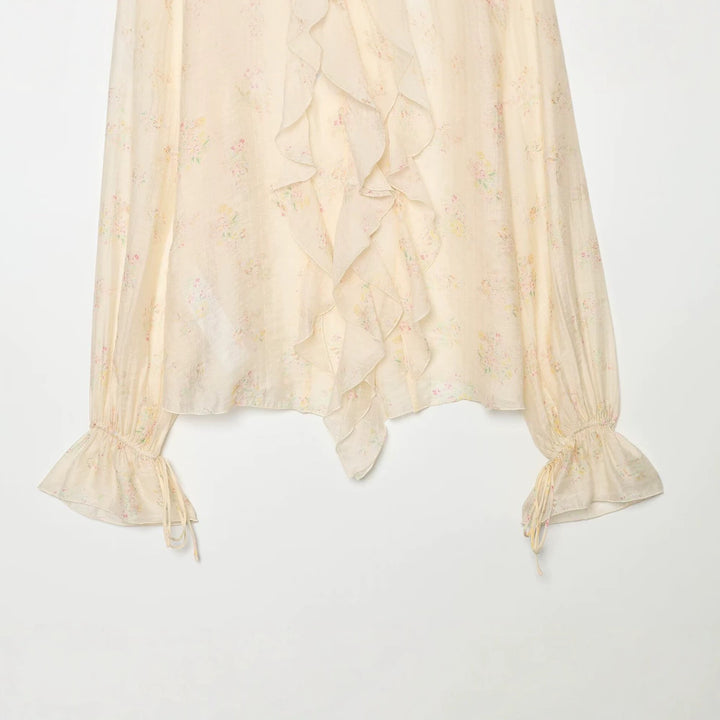 Women's chiffon blouse with ruffle front, tie cuffs and gathered sleeves Amarae