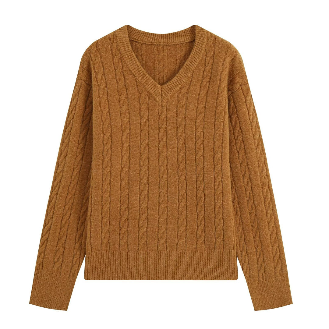 Women's Oversize Cable Knit Sweater with V-Neck and Wide Ribbed Cuff Amarae