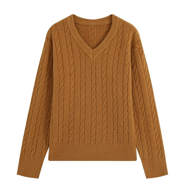 Women's Oversize Cable Knit Sweater with V-Neck and Wide Ribbed Cuff Amarae