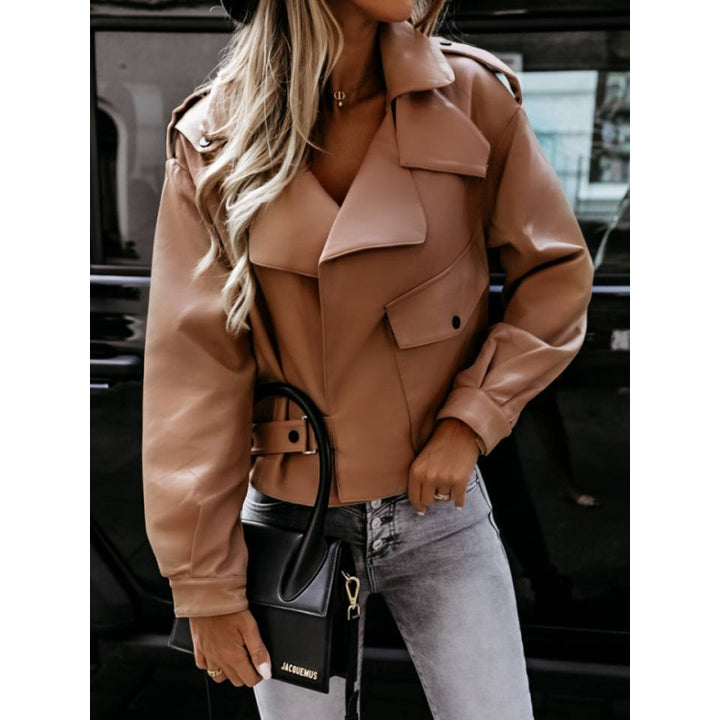 Women's biker jacket in faux leather with an elegant buckle and pockets Lune London