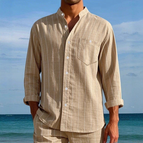 Men's long sleeve shirt with modern stand-up collar and fine striped pattern Lune London