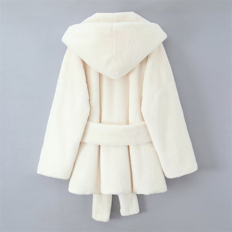 Cozy fleece jacket for women with hood and belt Lune London