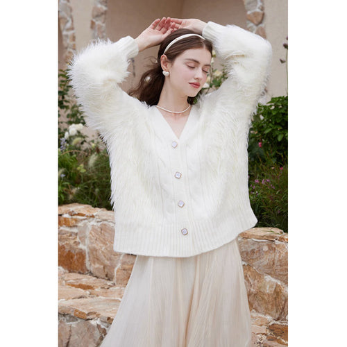 Knitted jacket for women with fluffy sleeves and button closure Amarae