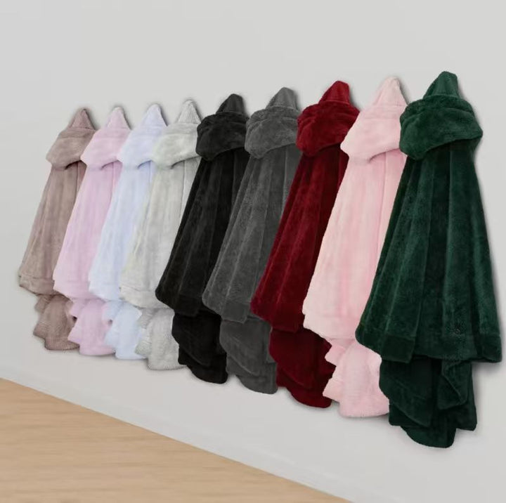Ladies Comfortable Fleece Poncho with Hood and Practical Pockets Lune London