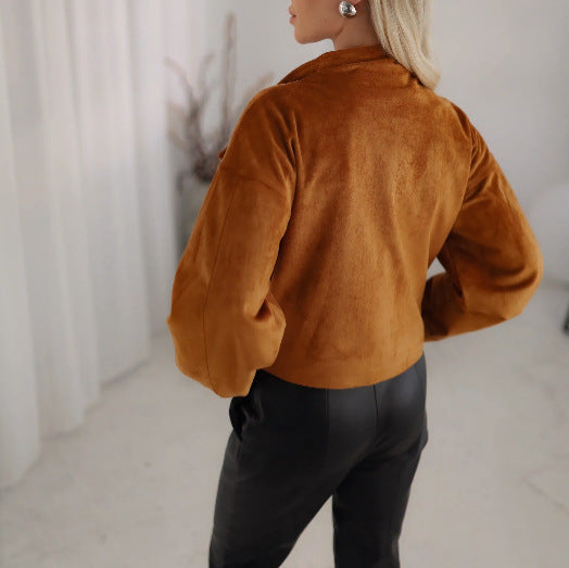 Trendy short jacket for women with a casual biker style featuring an asymmetrical zipper and a large collar Lune London