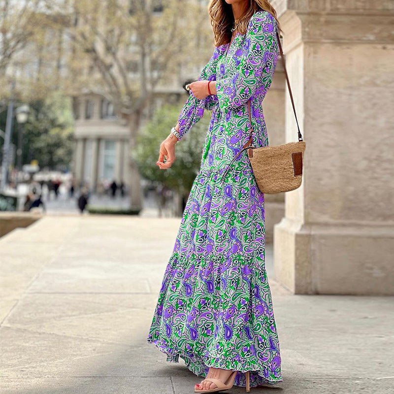 Maxi dress for women with knotted V-neck and voluminous sleeves Lune London