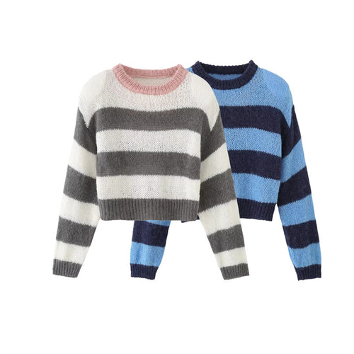 Short knit jumper for women with nautical stripe pattern and round neckline Amarae