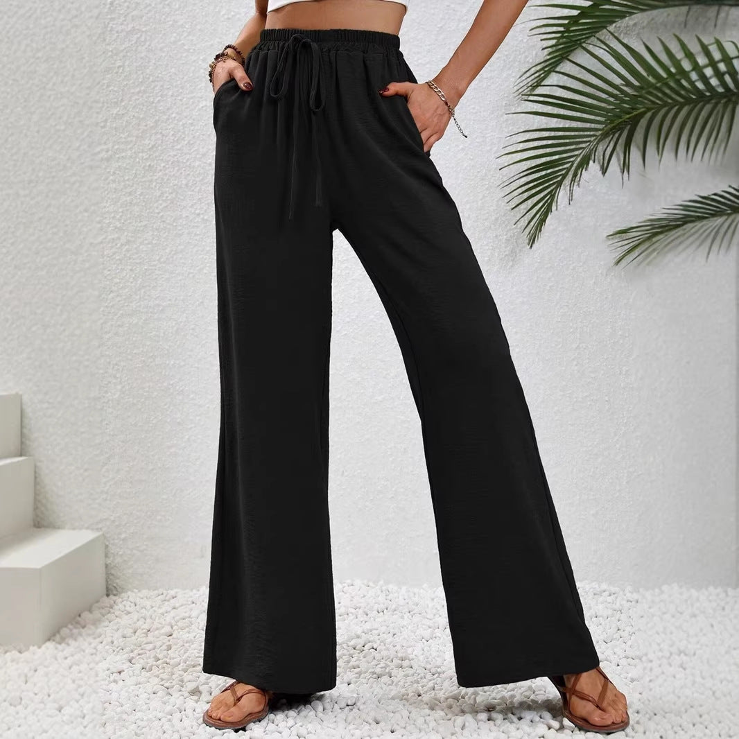 Women's Light Palazzo Pants with Elastic Waistband, Drawstring, and Side Pockets Amarae