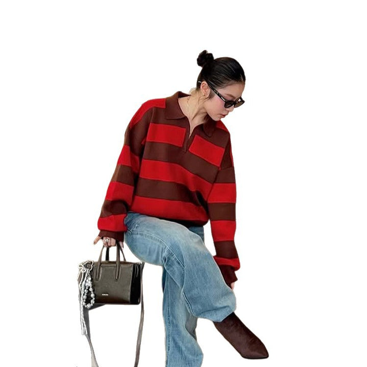 Women Oversize Rugby Knitted Sweater with Polo Collar & Wide Block Stripes Amarae