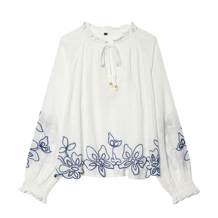 Women's embroidered cotton tunic with ruffle collar, smocking details and tie band