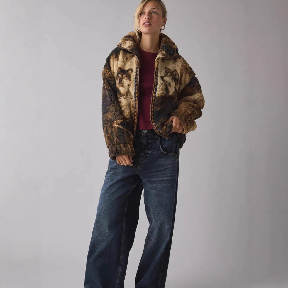 Veste en polaire pour femmes avec motif animal et col montant Chic & Stil
