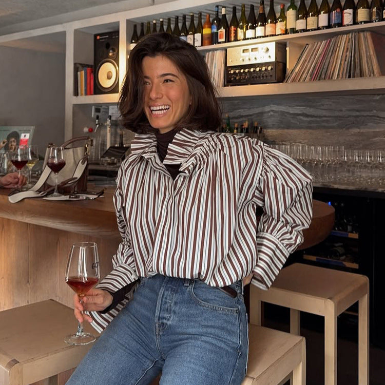 Women Striped Oversized Blouse with Ruffled Collar & Voluminous Puff Sleeves Amarae
