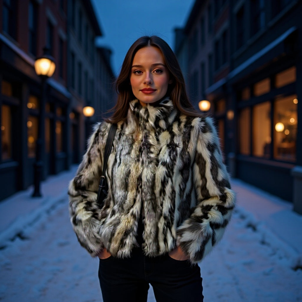 Women's short jacket in a faux fur mix with striped effect and stand-up collar Amarae