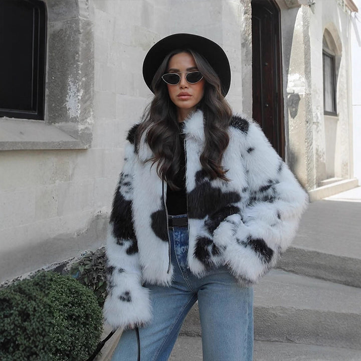 Women's Short Cut Faux Fur Bomber with Spot Pattern Amarae
