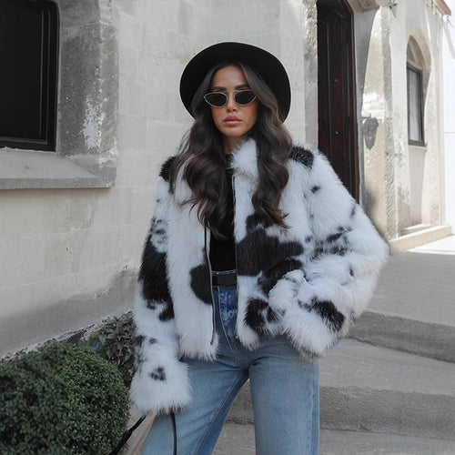 Women's Short Cut Faux Fur Bomber with Spot Pattern Amarae