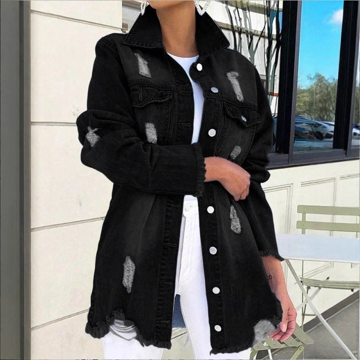 Ladies Longline Denim Jacket with Destroyed Details and Fringed Hem Amarae