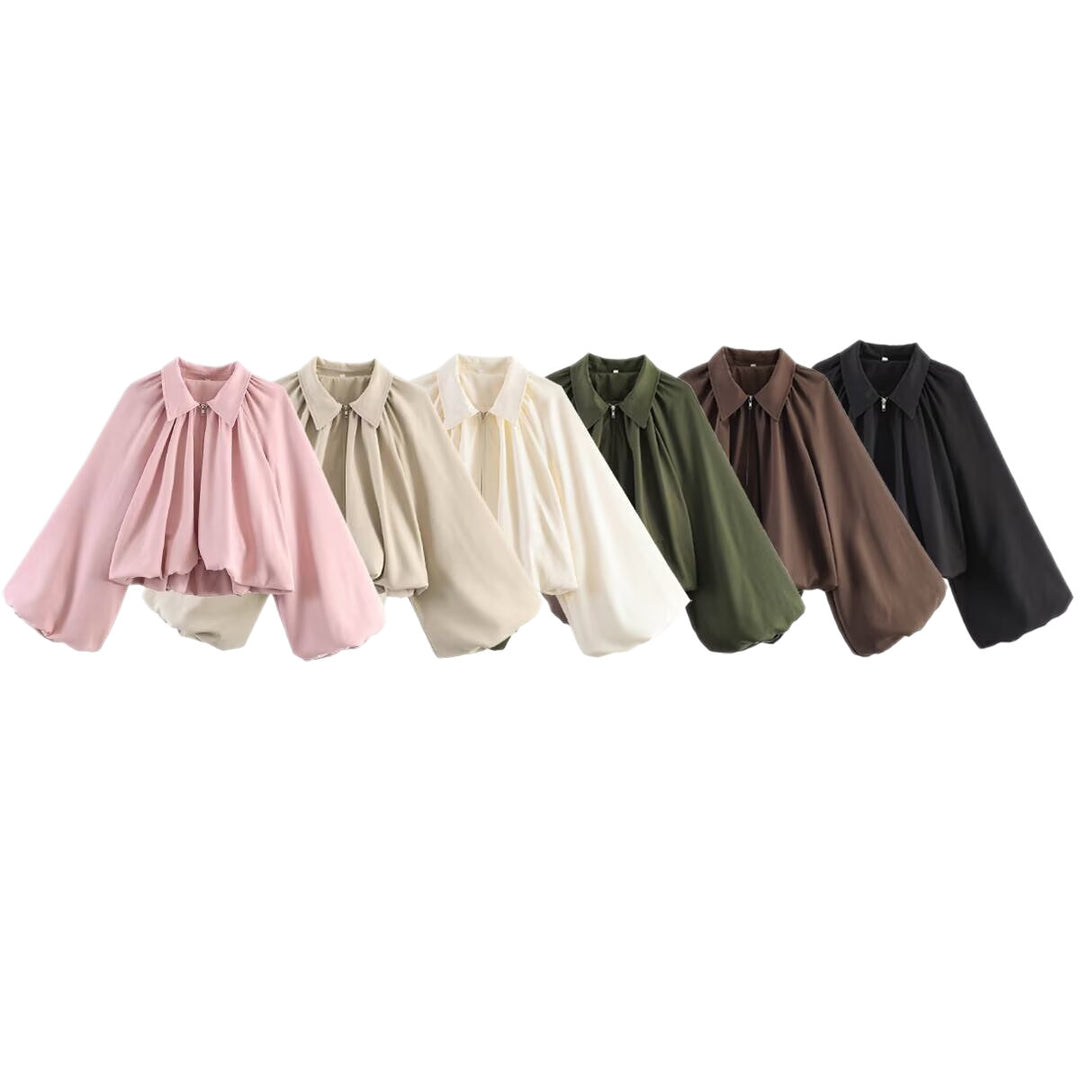 Women Short Cape Jacket with Wide Balloon Sleeves and Zipper Amarae