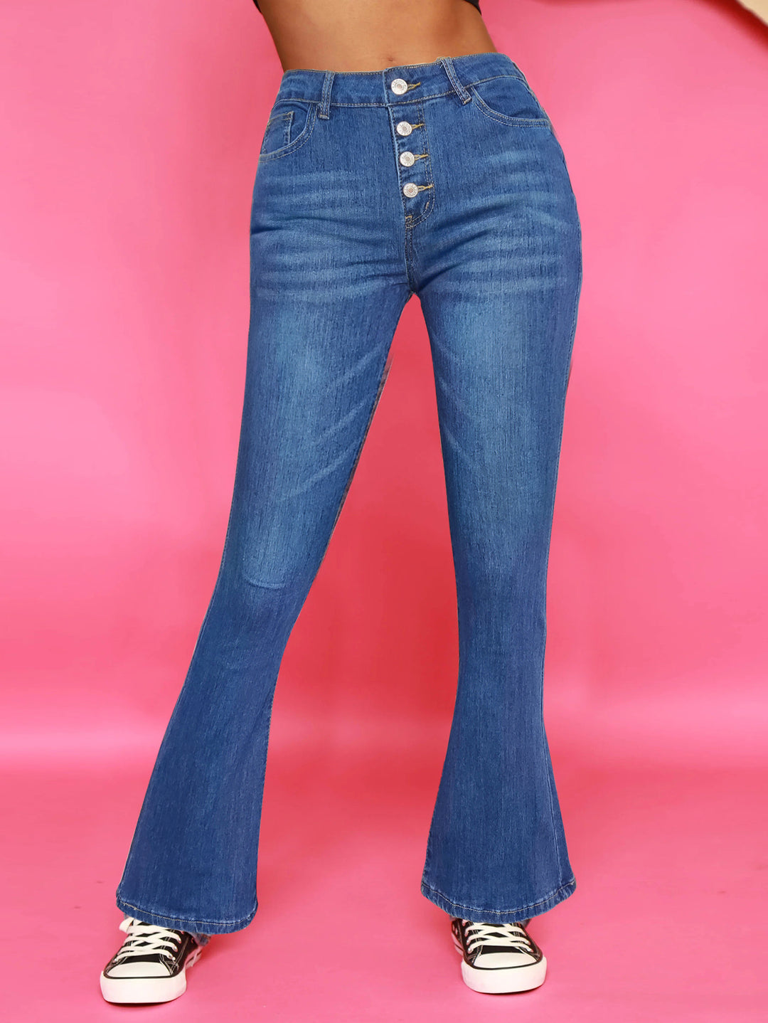 Women's High-Waisted Flared Jeans with Visible Button Placket and Sculpting Superstretch Comfort Amarae