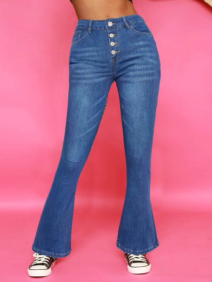 Women's High-Waisted Flared Jeans with Visible Button Placket and Sculpting Superstretch Comfort Amarae