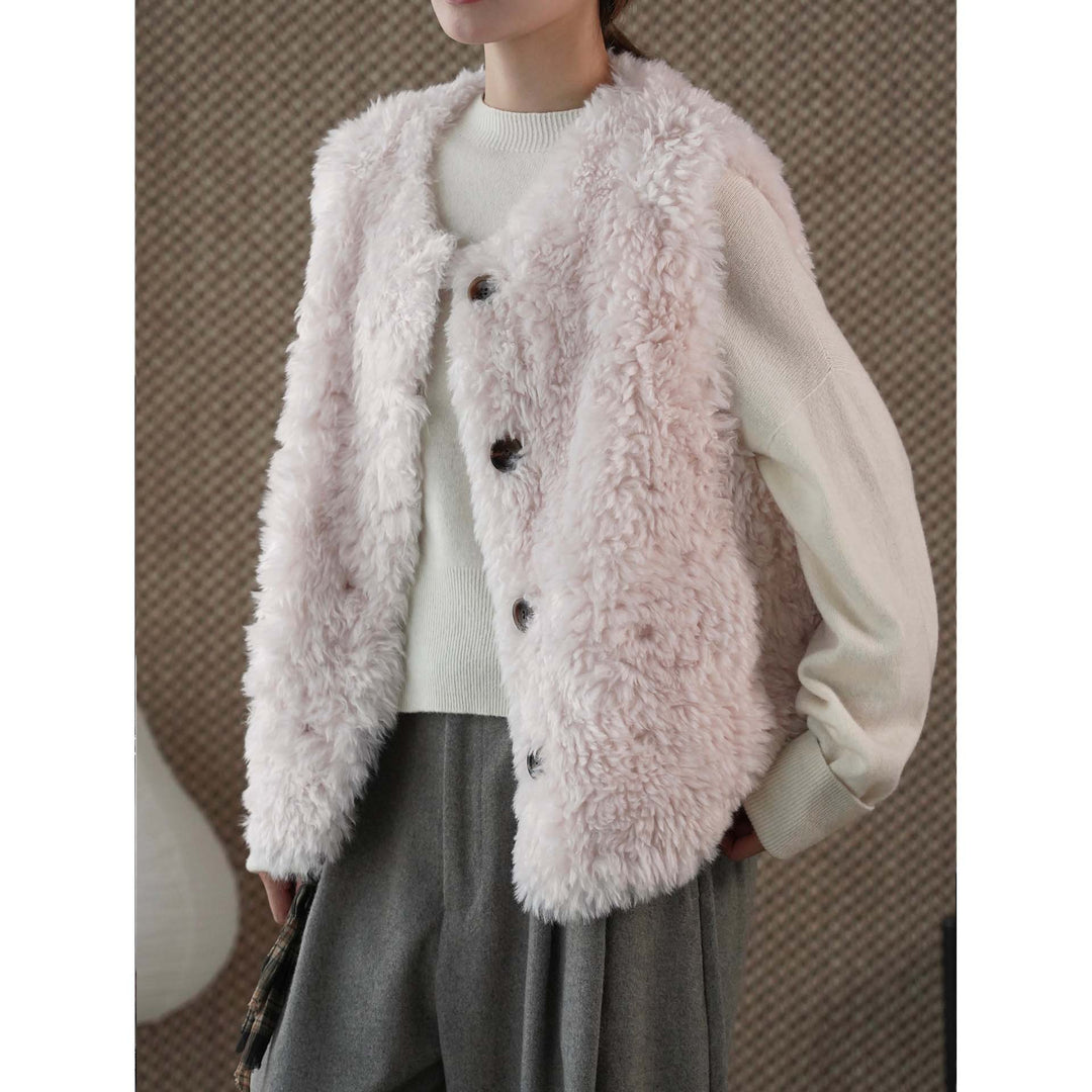 Women's Fluffy Teddy Vest with Button Closure and Round Neckline Amarae