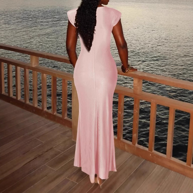Ladies Elegant Maxi Wrap Dress with Chic Side Ruffle Detail and Style