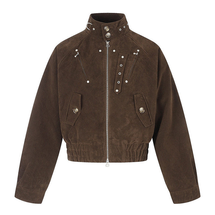 Women's short suede bomber jacket with high stand-up collar and metallic details Amarae