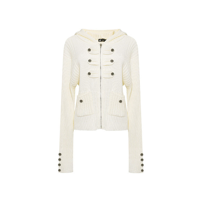 Women's ribbed hooded cardigan with zipper, decorative button placket and patch pockets Amarae