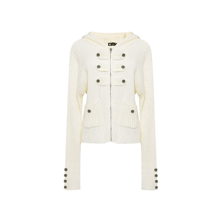 Women's ribbed hooded cardigan with zipper, decorative button placket and patch pockets Amarae