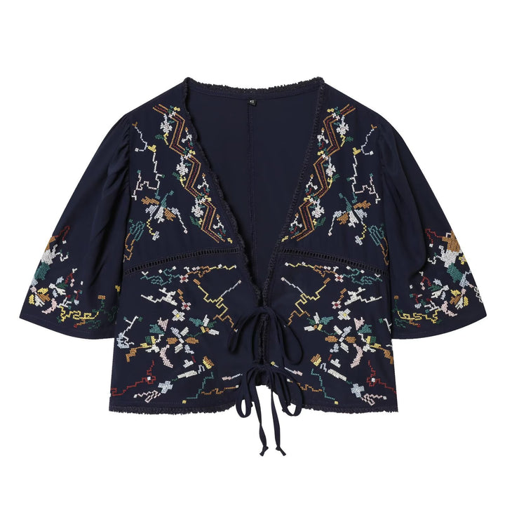 Women Embroidered Kimono Blouse with Ties and Decorative Crochet Edge Amarae