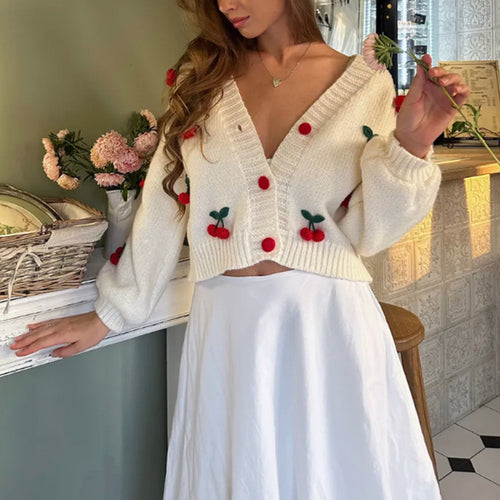 Ladies knit cardigan with strawberry appliqués Amarae