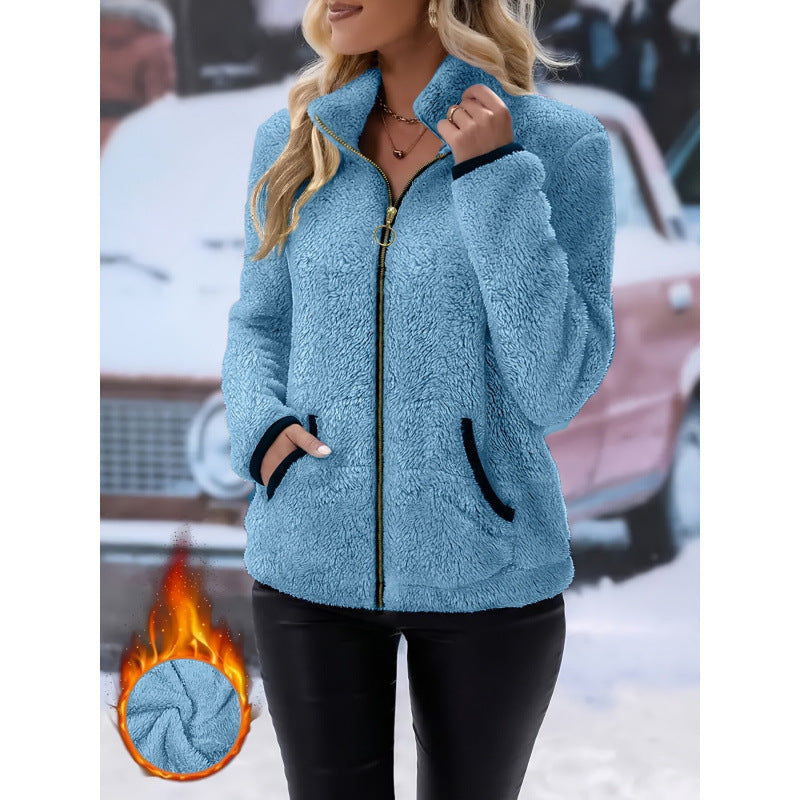 Women's thermal sherpa fleece jacket with stand-up collar, contrast edges and ring zipper Amarae