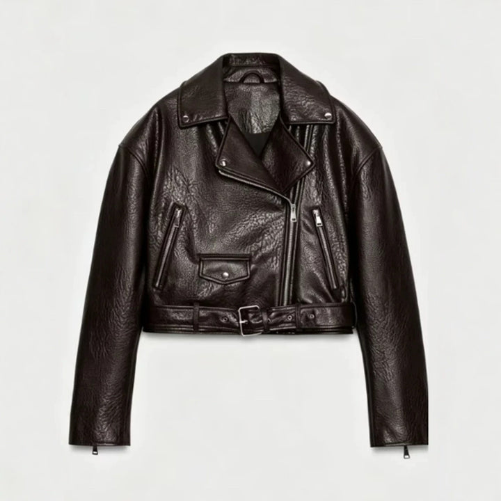 Women's short-cut biker jacket made of faux leather with a waist belt and asymmetrical zipper Amarae