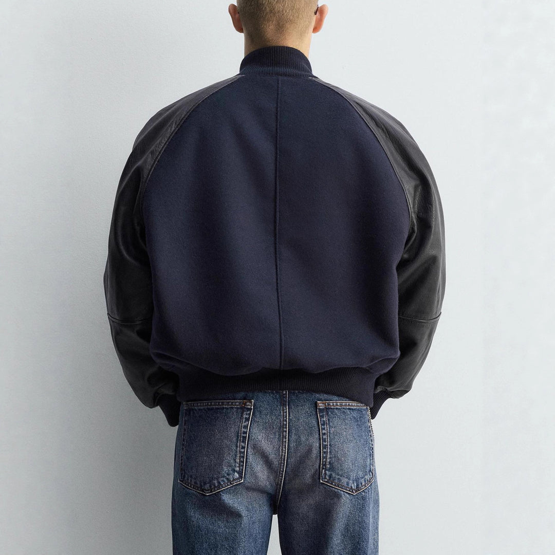 Men's College Bomber Jacket with Wool Body and Leather Sleeves Amarae