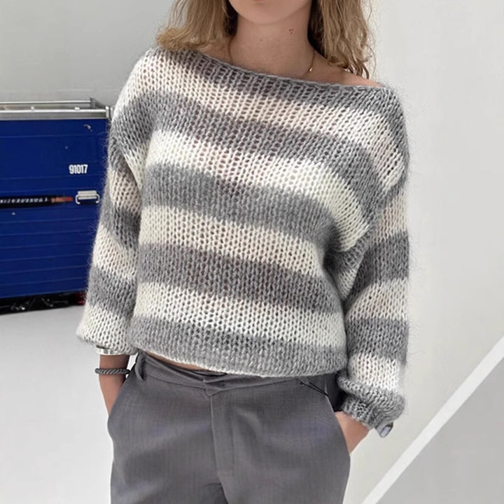 Pull en tricot pour femmes avec un large motif rayé et des manches volumineuses Lune London