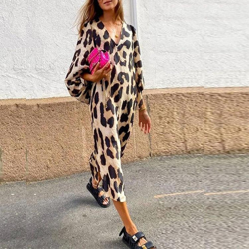 Elegant midi dress for women in leopard with V-neckline and wide sleeves Amarae