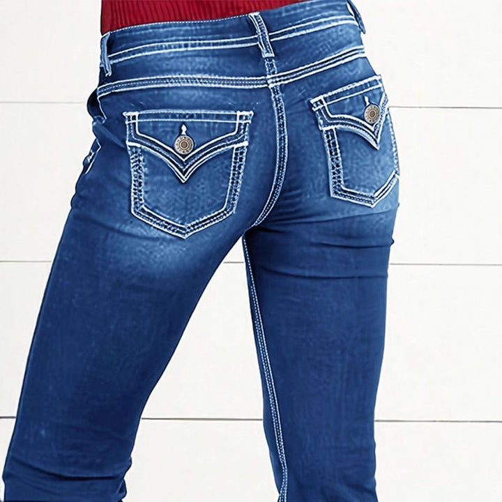 Ladies' Waist-Cinched Bootcut Jeans with Decorative Button Appliqué and Contrast Stitching Amarae