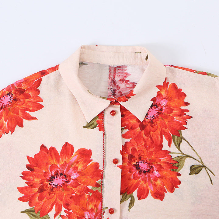 Women's oversized blouse with floral print, full button placket and three-quarter sleeves Amarae