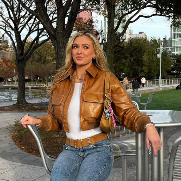 Women's Short Leather-Look Blouson Jacket with Large Flap Pockets and Ribbed Cuff Amarae