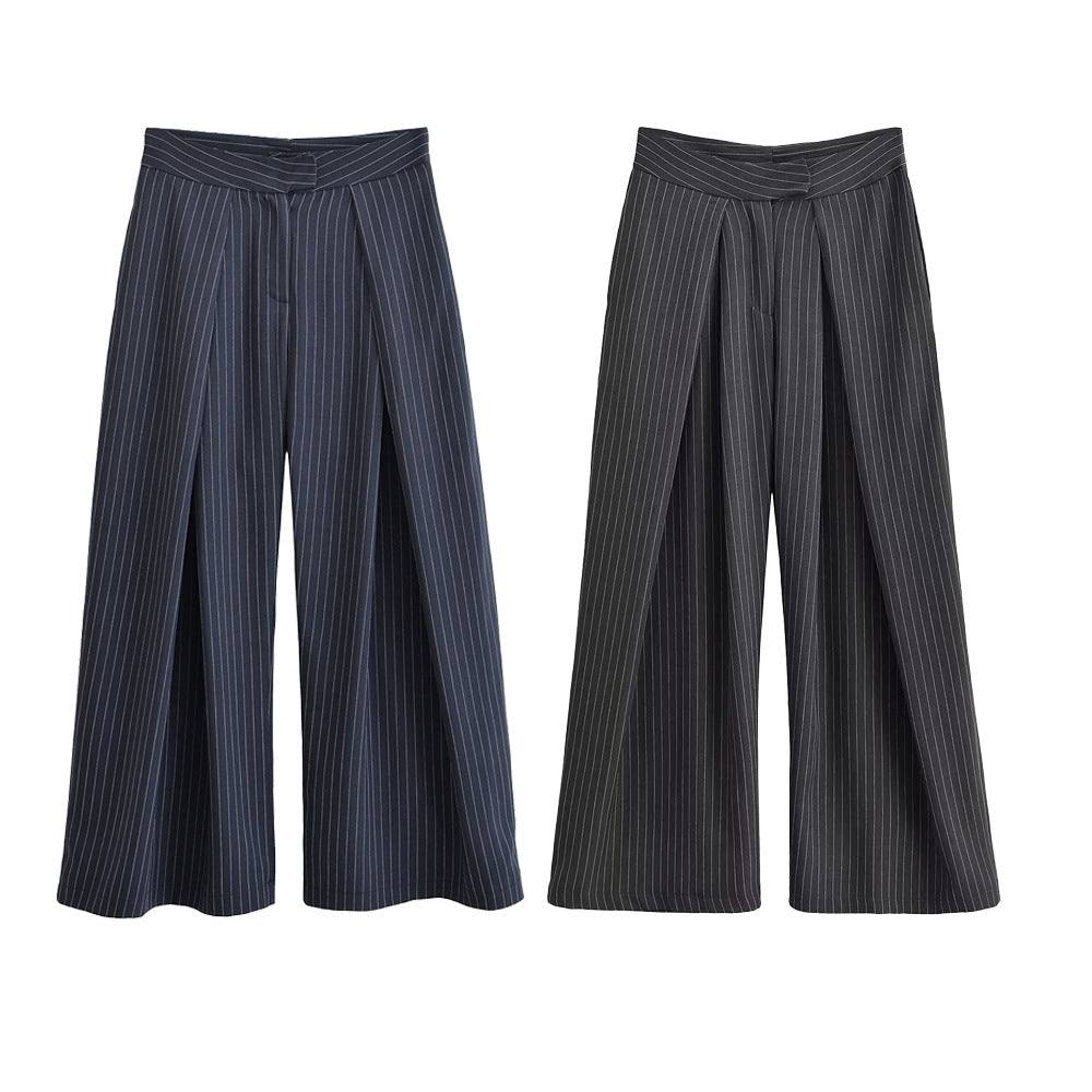 Women's palazzo pants with pinstripes, front segmented pleats, and high waistband Amarae